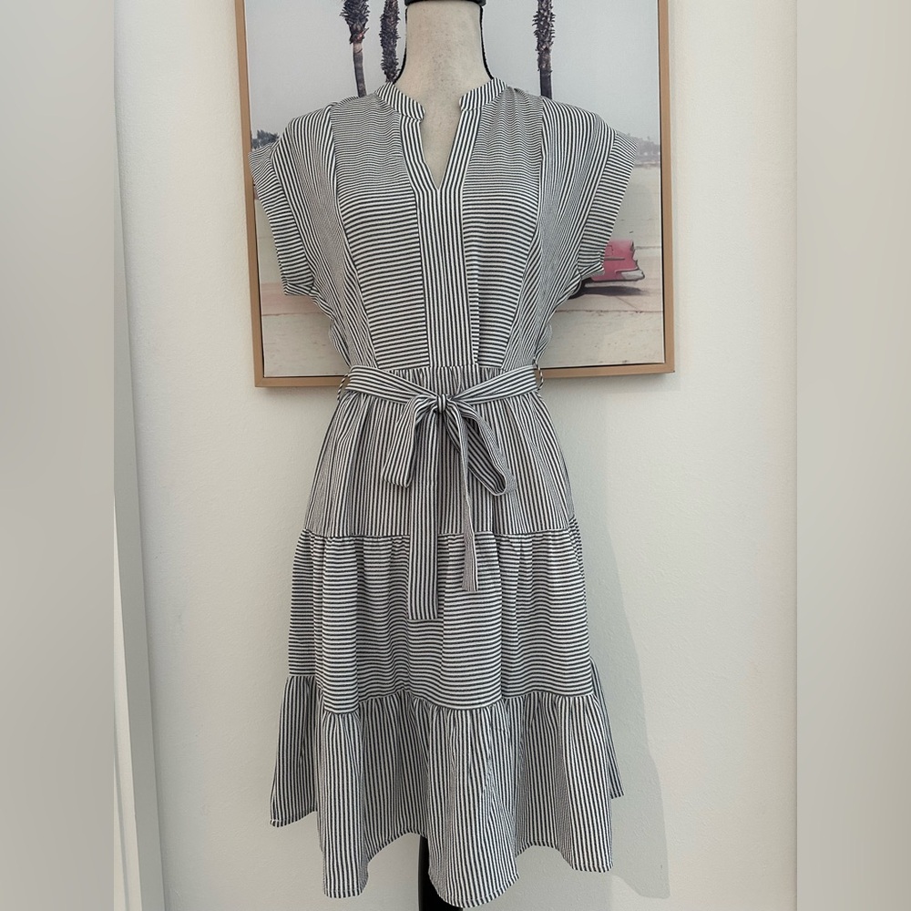Monteau Navy White Striped Tie Waist Midi Dress Size L